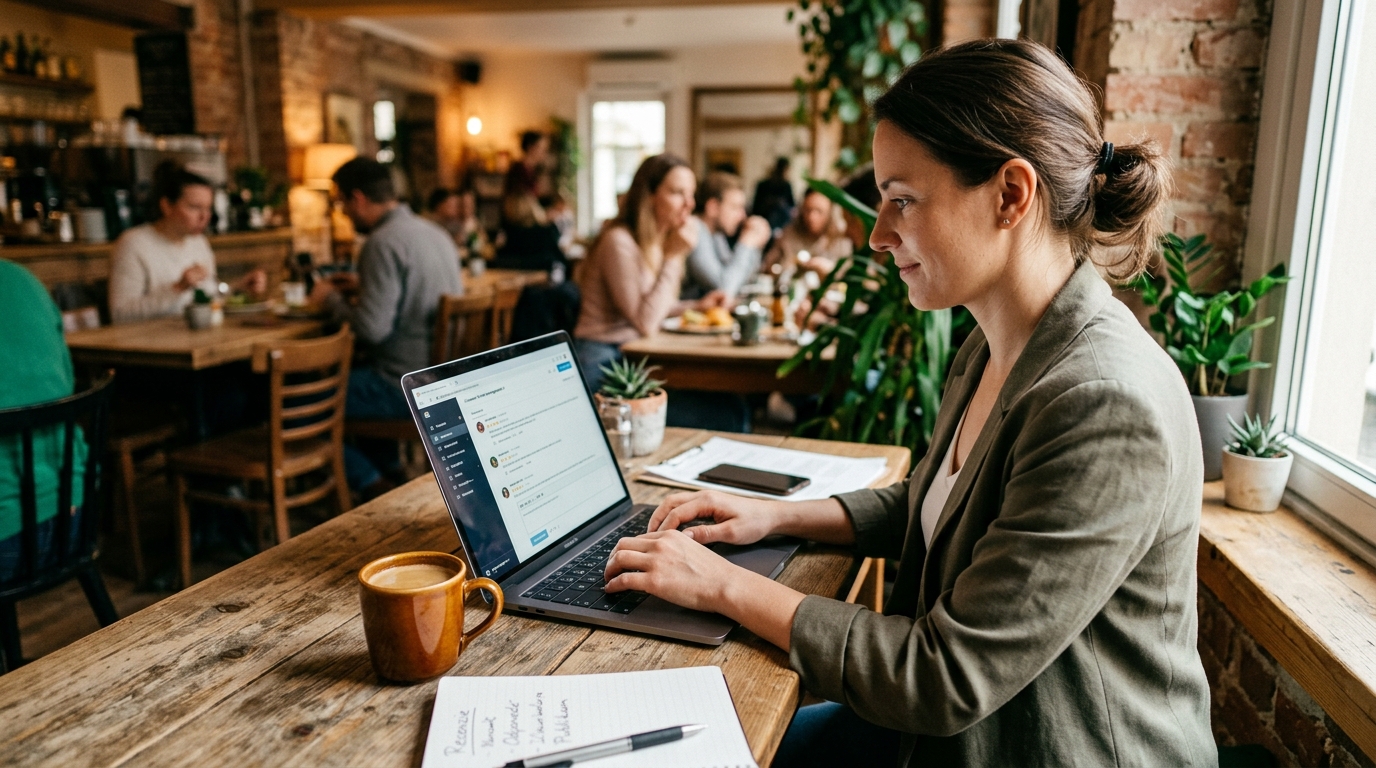 Restaurant owner sitting at a desk typing on a laptop, a warm coffee cup beside, looking calm and focused