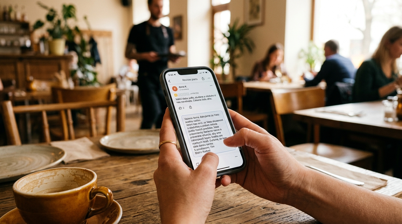 Close up of a smartphone screen showing a professional business reply on a review platform, clean minimalist background