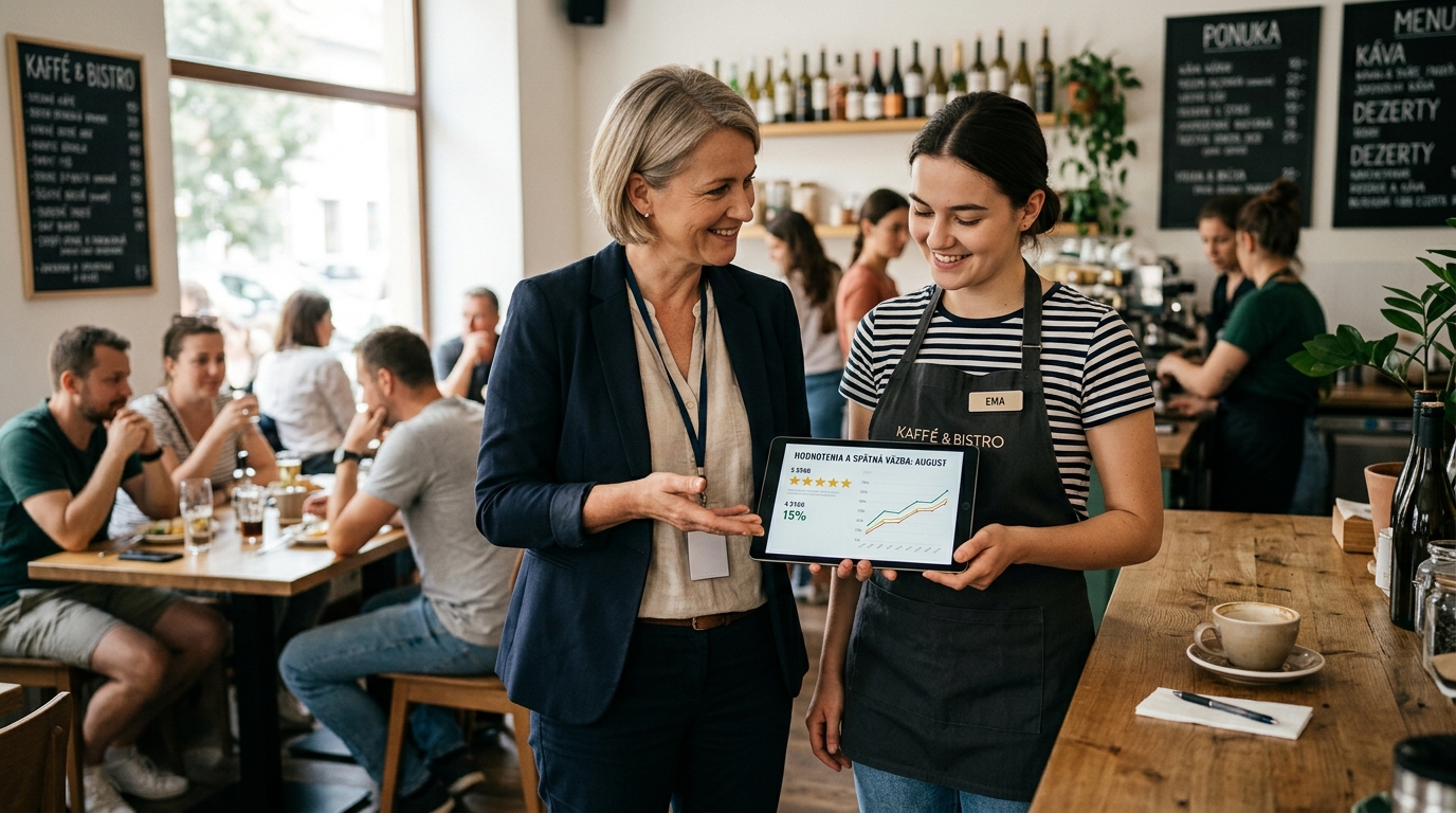 A cafe manager standing side by side with a waitress, looking together at a tablet screen with charts, professional, enc