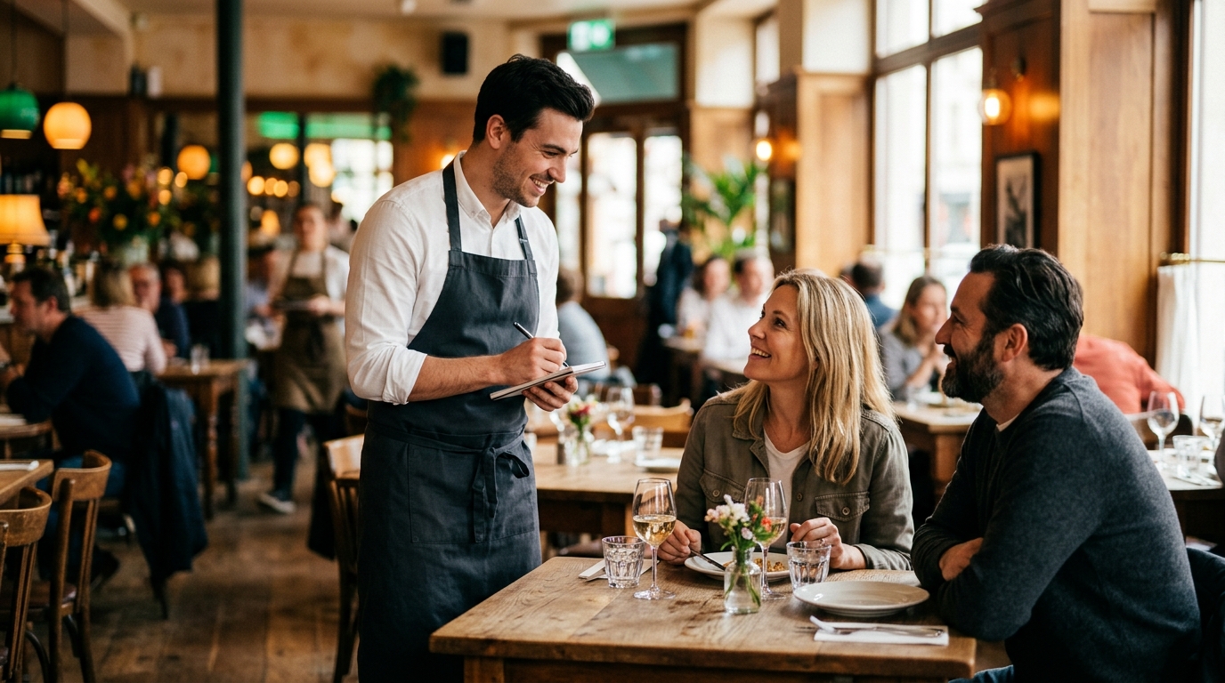 A blurred background of a busy restaurant interior with focus on a smiling waiter attentively taking an order from two g