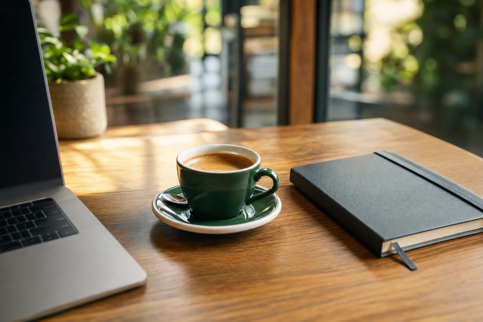 A cup of espresso on a clean wooden table next to a closed notebook, bright morning light, professional and calm atmosph