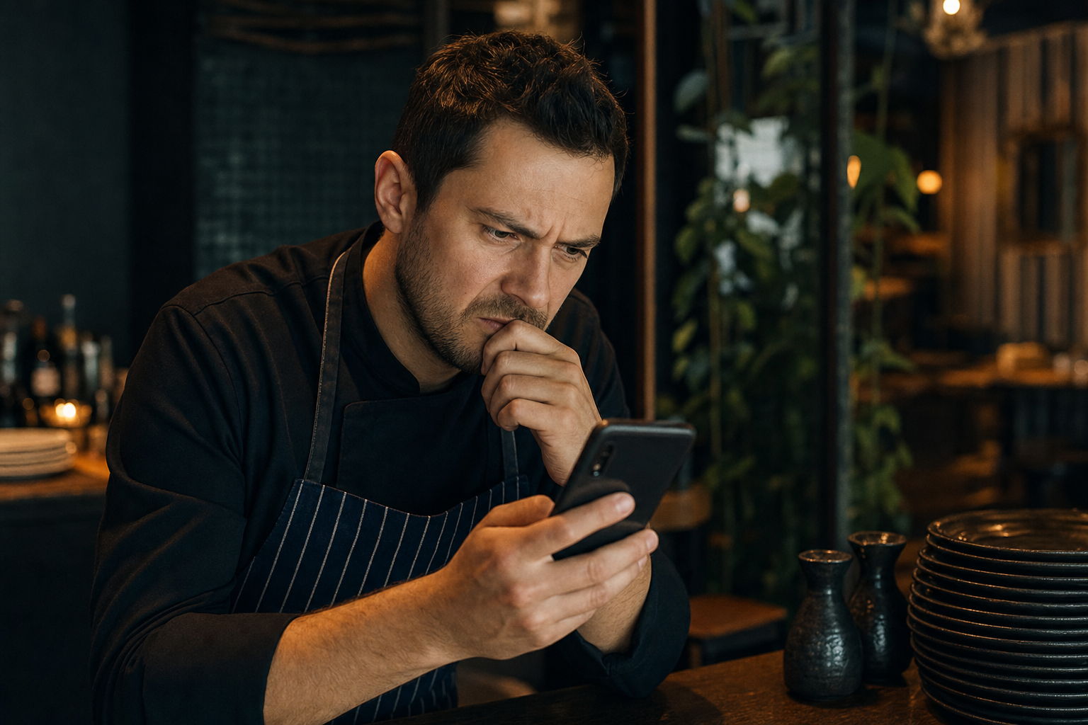 Close up of a tense person reading a smartphone screen in a dimly lit restaurant, cinematic and moody lighting, no text