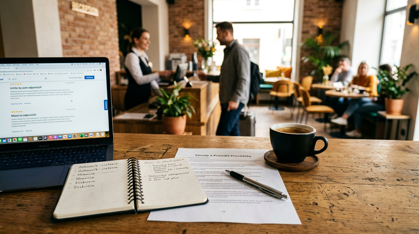 a notebook next to a cup of espresso, with a pen resting on a clear printed hotel policy document, modern aesthetic