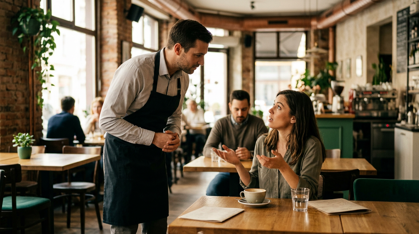a confident waiter calmly speaking to a guest at a restaurant table, bright shallow depth of field