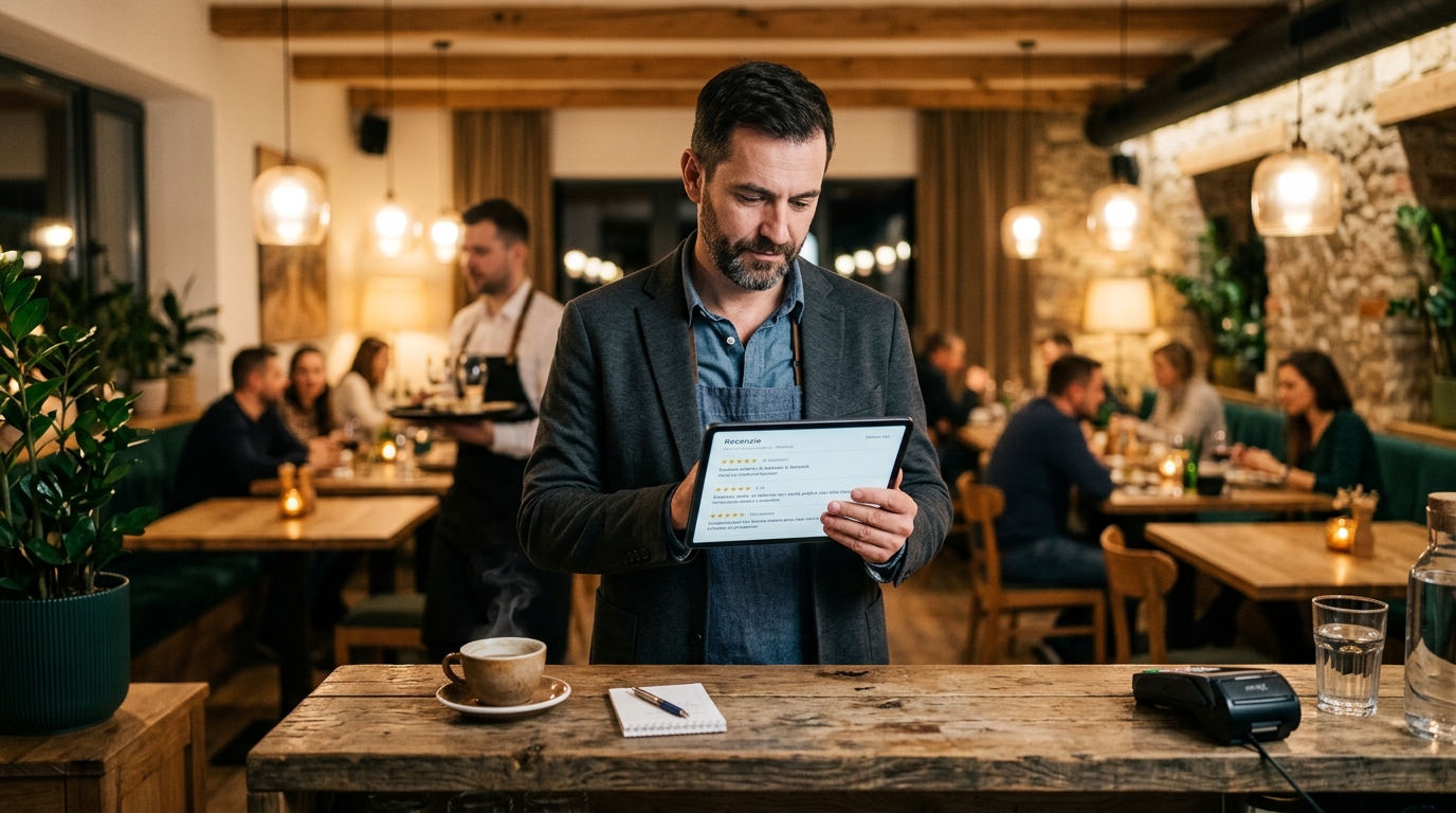 A busy restaurant manager looking thoughtfully at a digital tablet while standing in a warmly lit, modern dining room.
