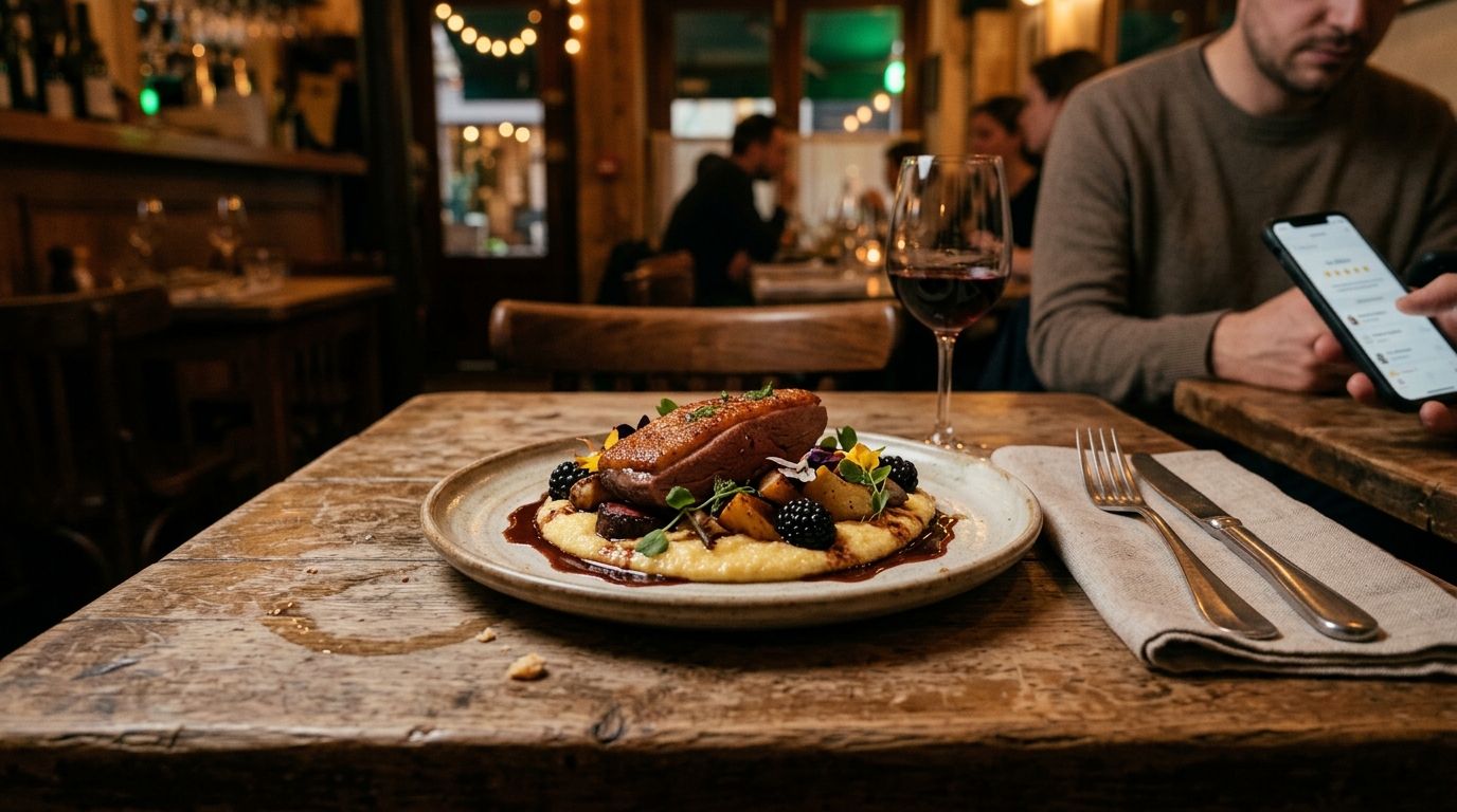 A close-up of a perfectly plated gourmet meal sitting on a slightly dirty, wobbly wooden table in a dimly lit restaurant